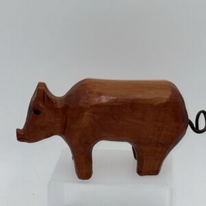 Vintage Hand‎ Carved Wood Pig Folk Art Figurine 7" Signed AB Rustic Farmhouse